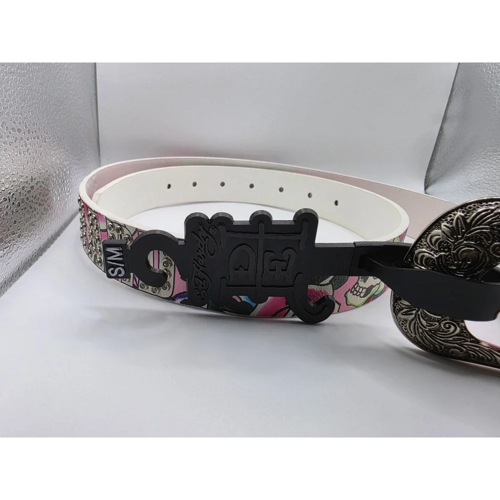Ed Hardy Pink Graphic Leather Belt Rhinestone Studded Silver Buckle S/M NWT Y2K